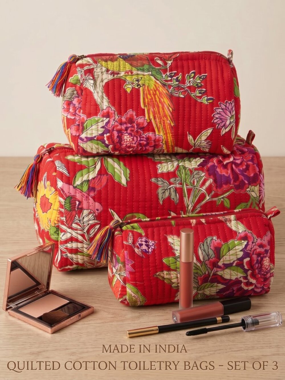 Set Of 3 Block Print Toiletry Bags, Cotton Makeup Bag, Cosmetic Bag Set Gift